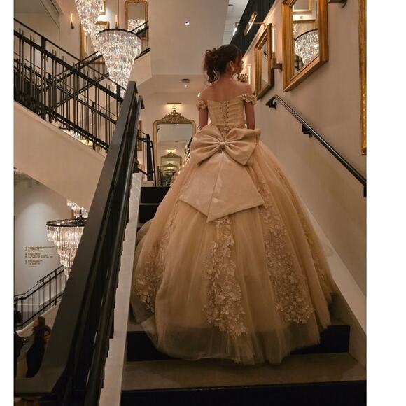 Champagne 3D Floral Quinceañera Ball Gown Lace Beaded Off Shoulder Dress Size 00 - Picture 2 of 6